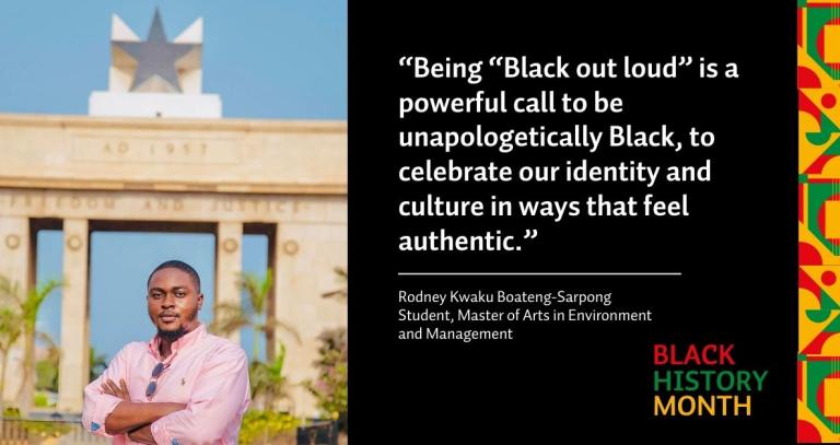 A photo of a man with the text, “Being “Black out loud” is a powerful call to be unapologetically Black, to celebrate our identity and culture in ways that feel authentic.”