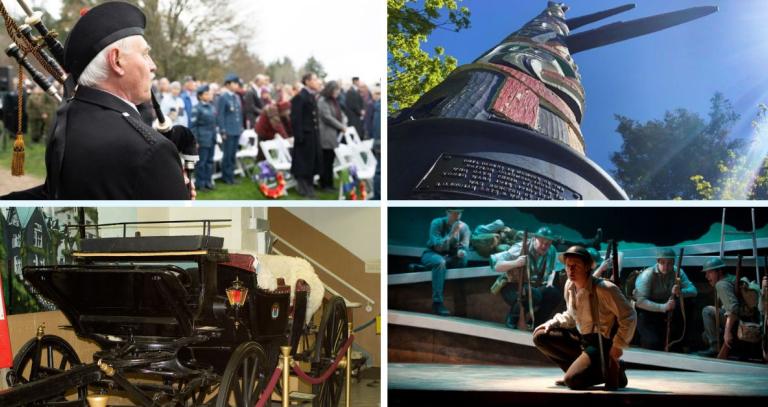 From top left to bottom right: A man playing the bagpipes with a crowd of people in uniform;  A totem pole in a ray of sunlight; An old carriage in the Hatley Museum; A man on stage in soldier costume during a performance of Remembering Mary's Wedding.