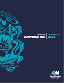 The cover of the 2024 Fall Convocation program in navy blue with a teal RRU seal